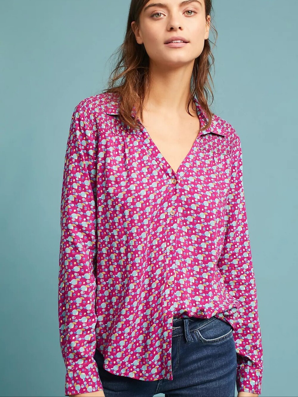 Anthropologie Maeve Amara Magenta Button-Front Print Blouse